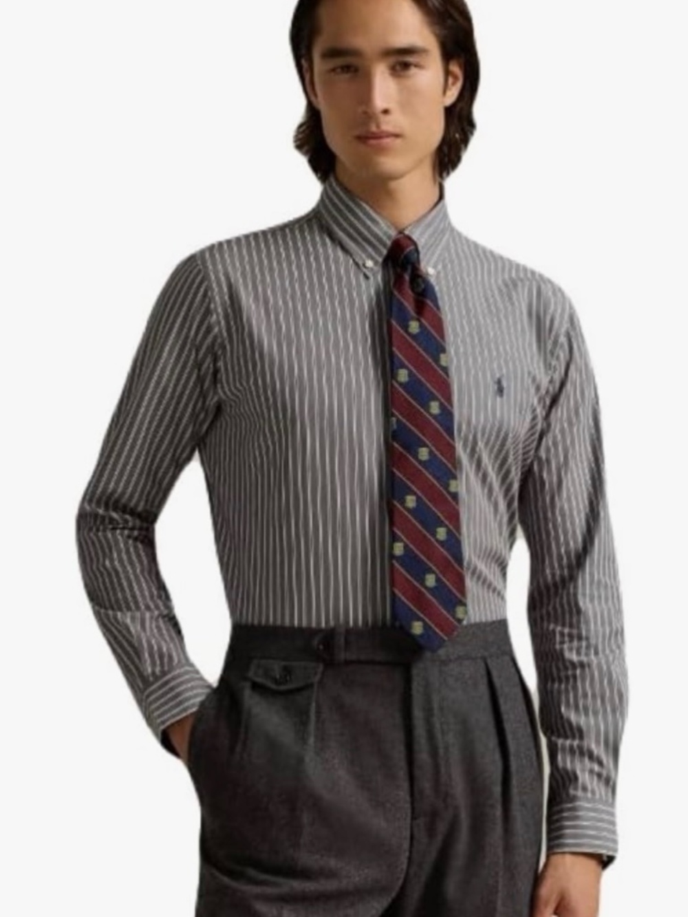 NEW MENS POLO RALPH LAUREN POPLIN STRETCH BUTTON DOWN SHIRT XXL GRAY/WHITE STRIP